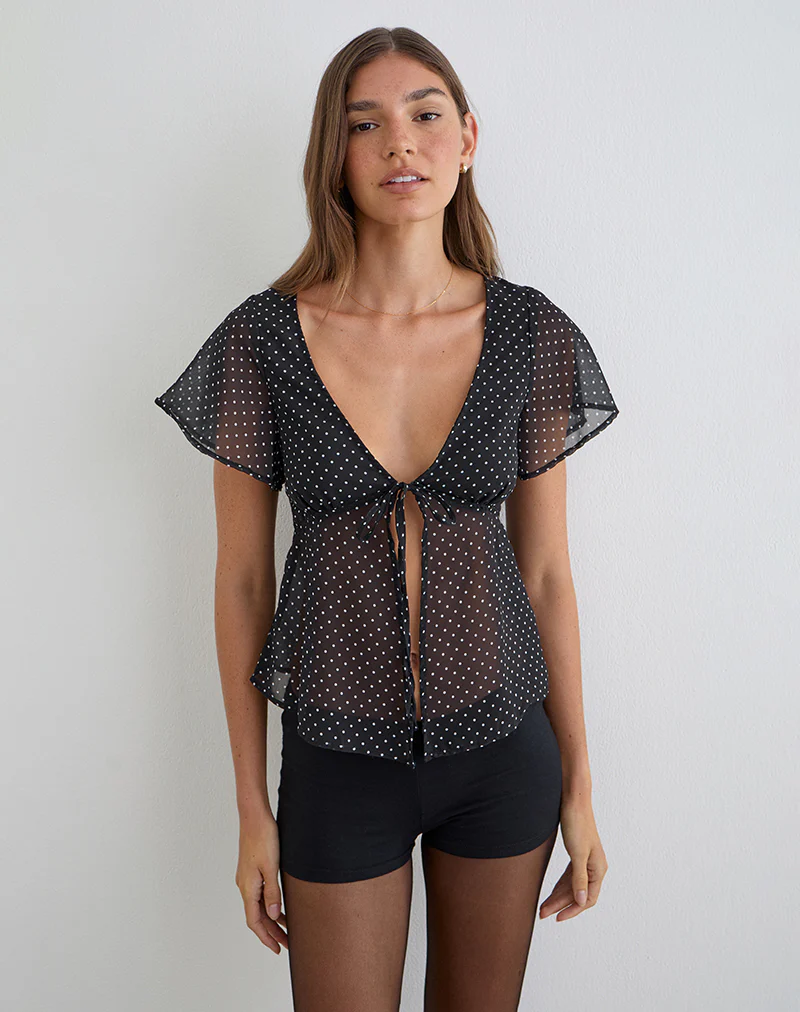 Kota Chiffon Blouse in Black with Micro Polka Print - Image 3
