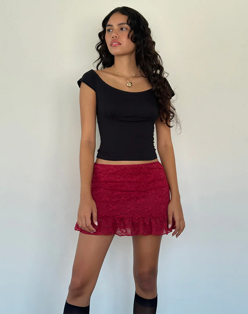 Krecia Mini Skirt in Deep Red Lace - Image 4