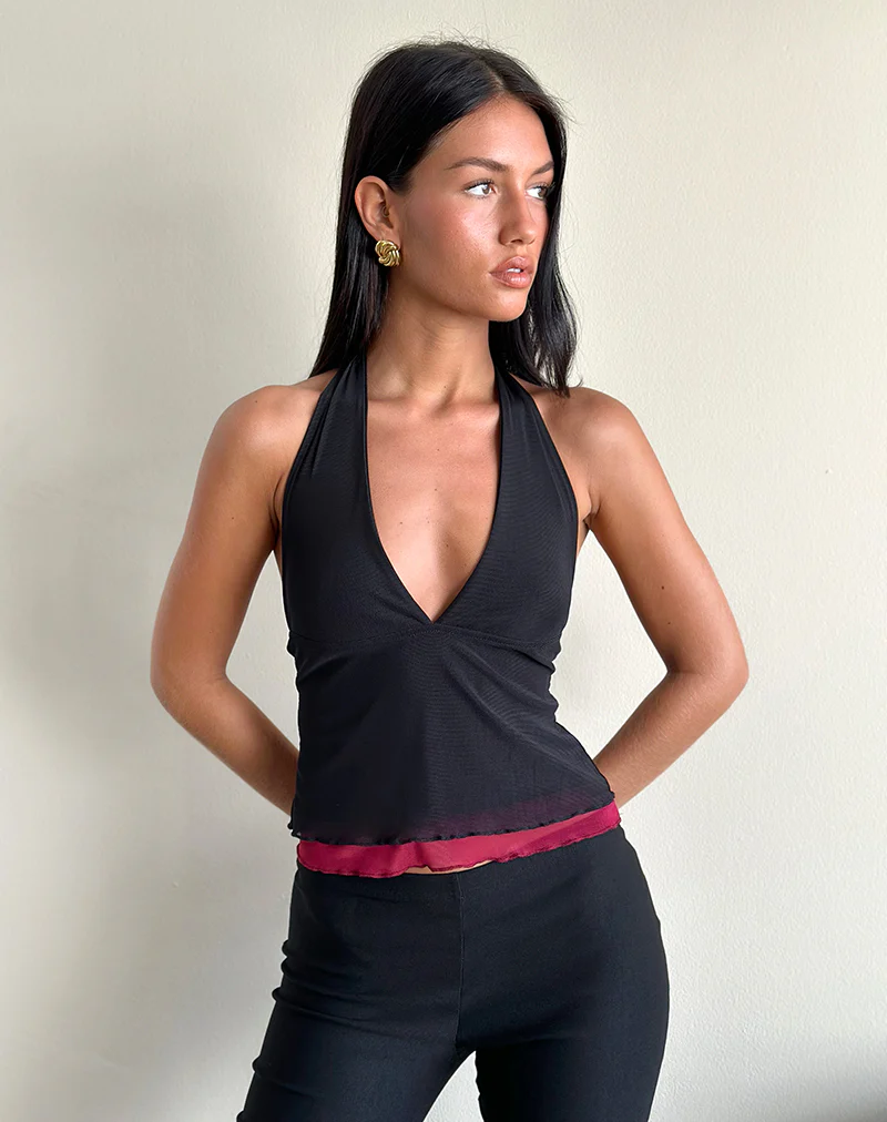 Kubra Halterneck Top in Mesh Black and Red - Image 2