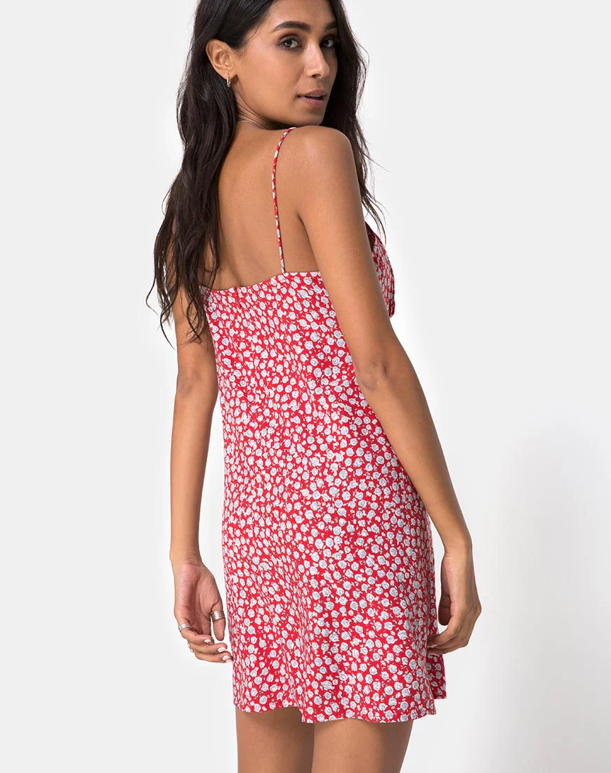 Kumala Slip Dress in Ditsy Rose Red and Silver - Image 4