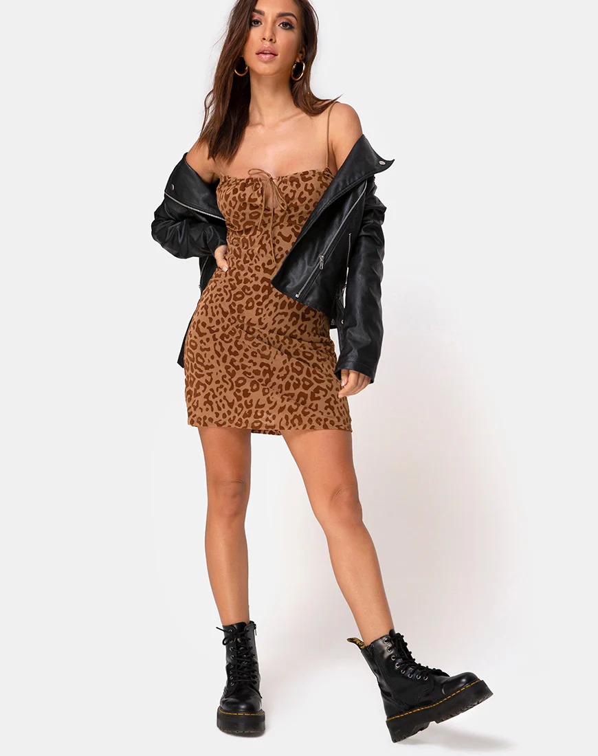 Kumin Dress in Animal Flock Tan Brown - Image 3