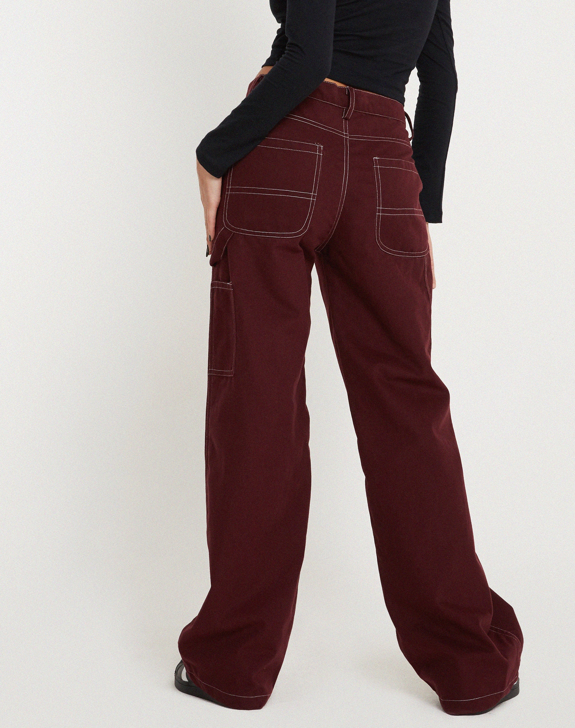 Kusnaedi Wide Leg Trouser in Redwood and White Top Stitch - Image 3