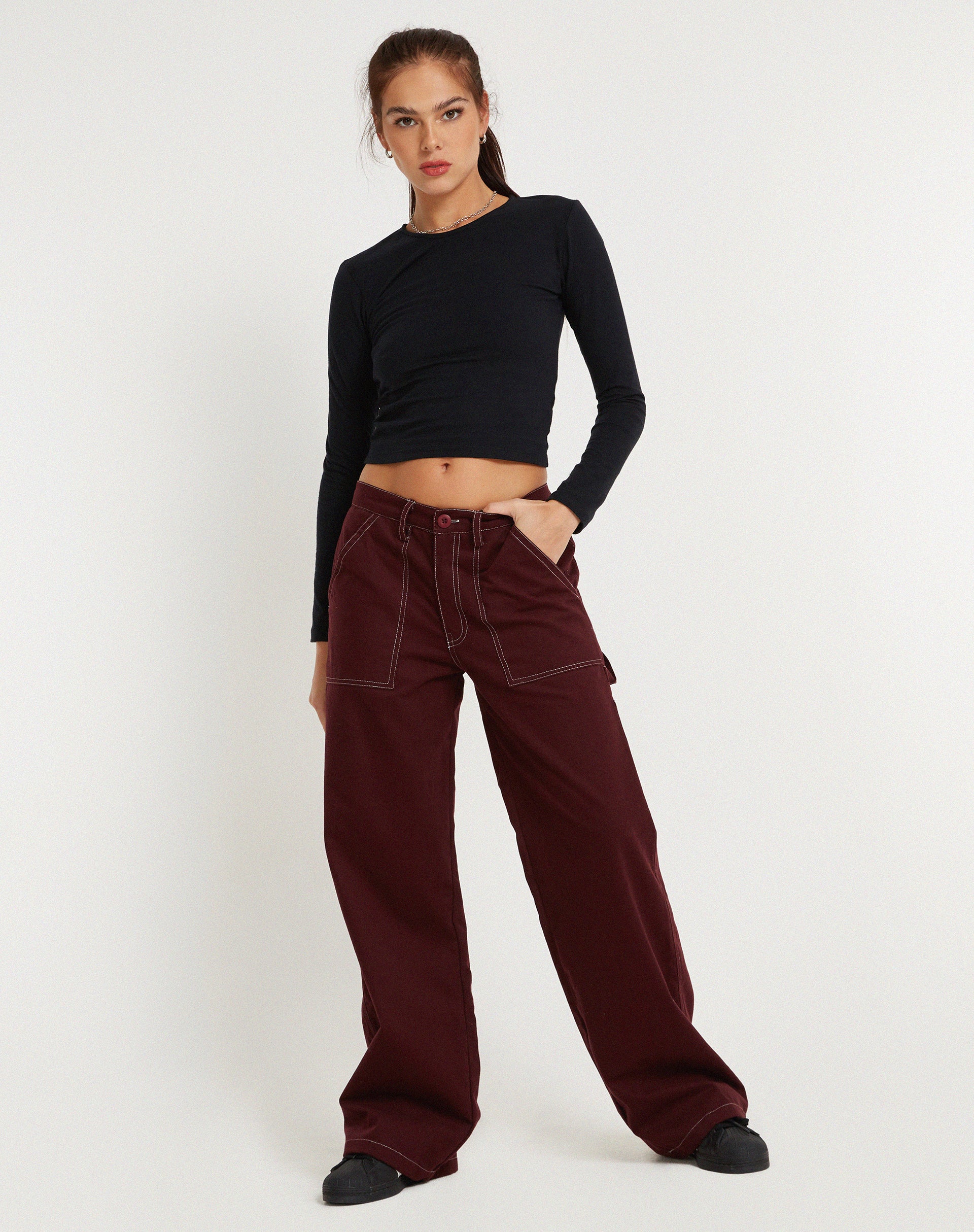 Kusnaedi Wide Leg Trouser in Redwood and White Top Stitch - Image 4