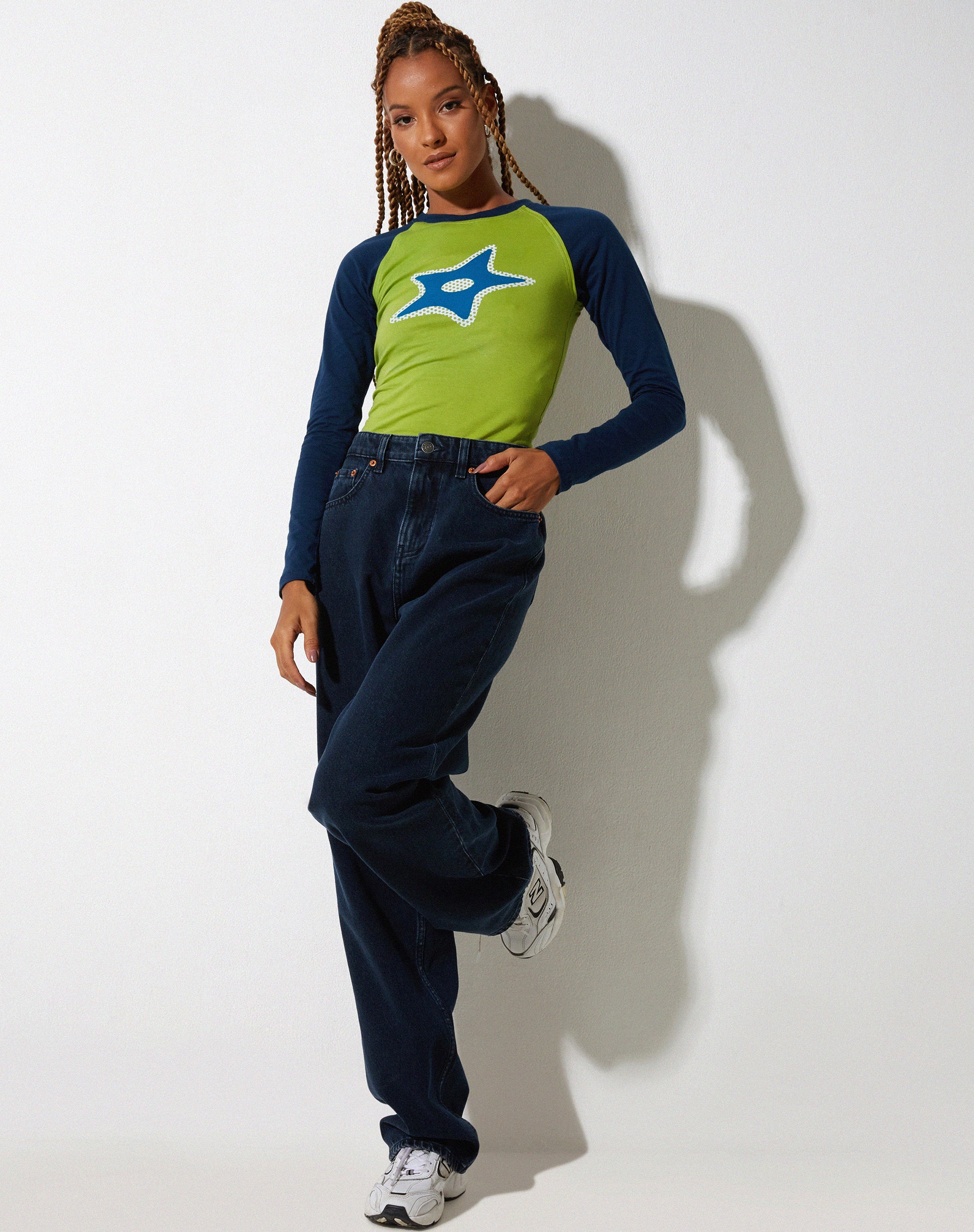 Kyati Long Sleeve Crop Top in Wasabi Navy and Green - Image 3