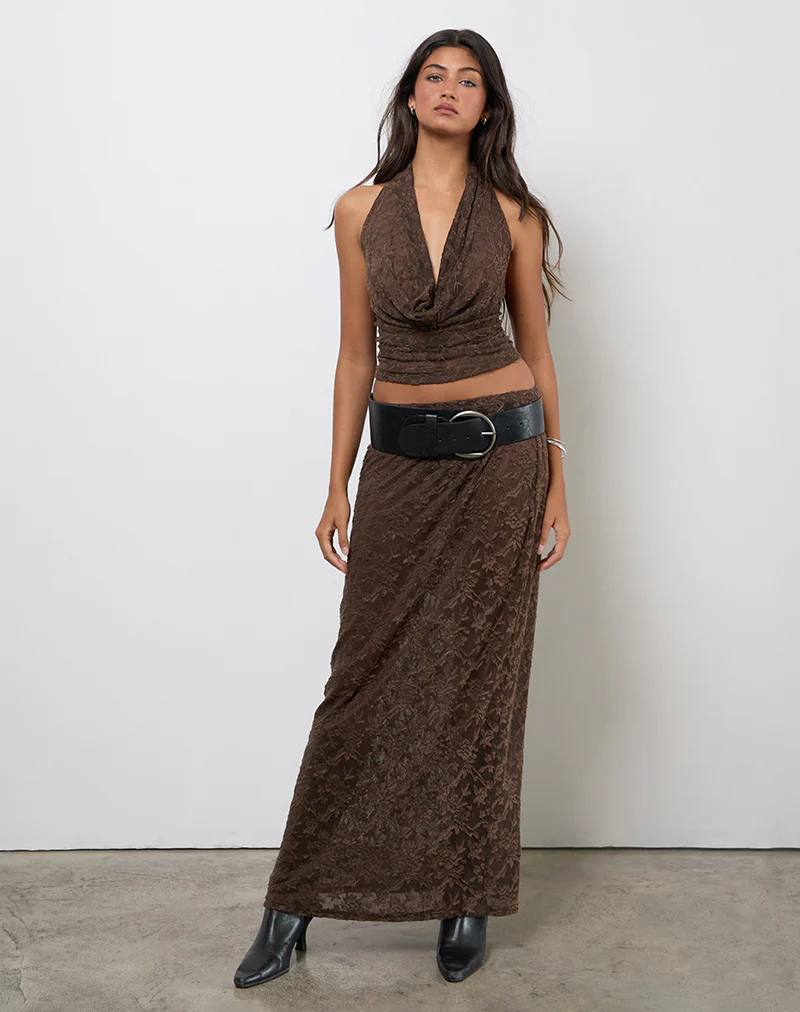 Kylo Halter Top in Jacquard Knit Dark Brown - Image 3