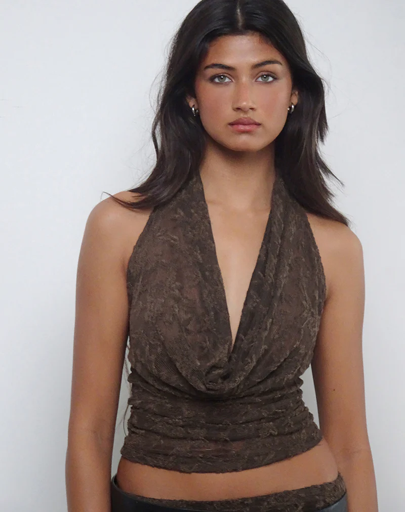 Kylo Halter Top in Jacquard Knit Dark Brown - Image 5