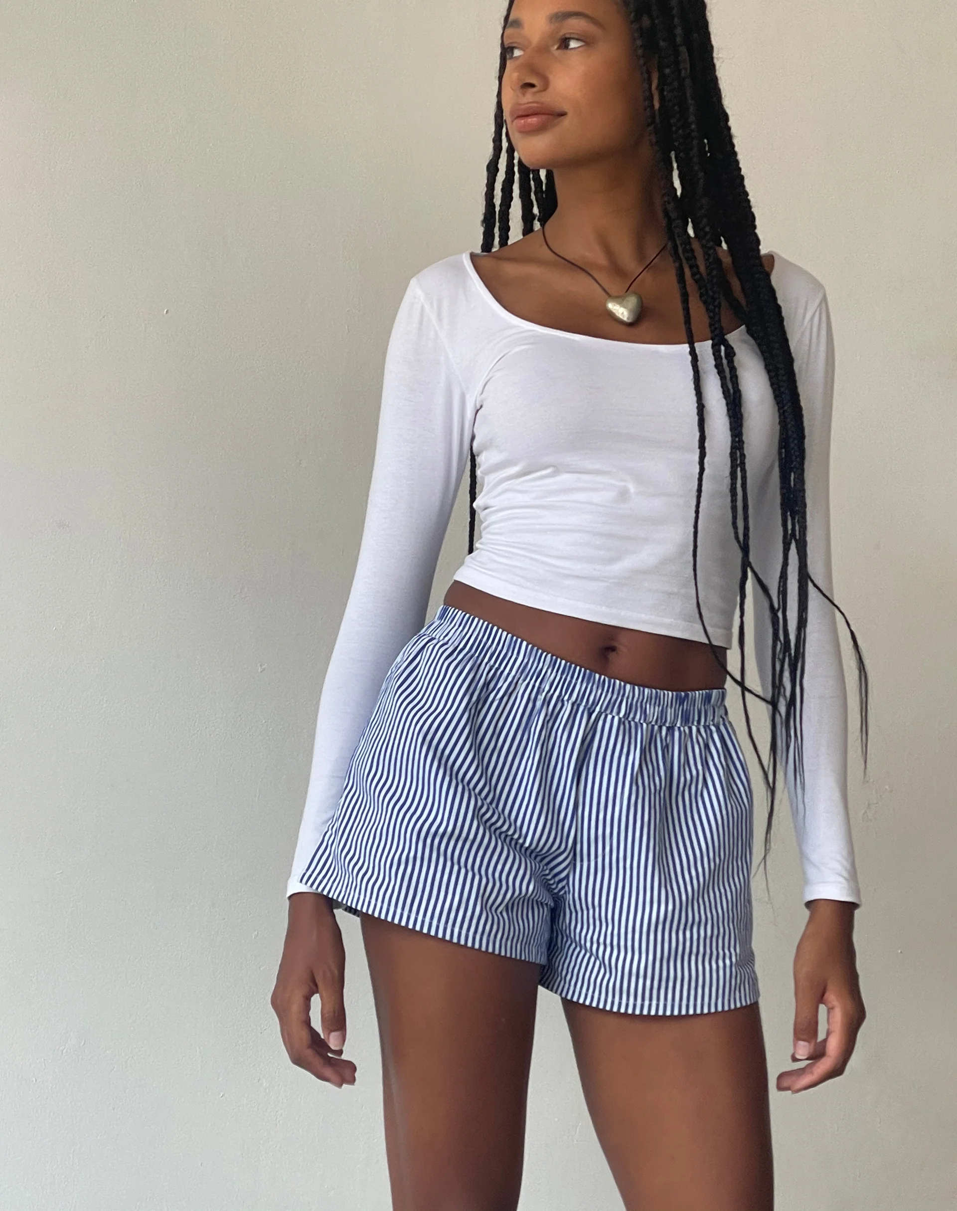 MOTEL X JACQUIE Laboxe Brief Shorts in Poplin Blue Pinstripe - Image 2