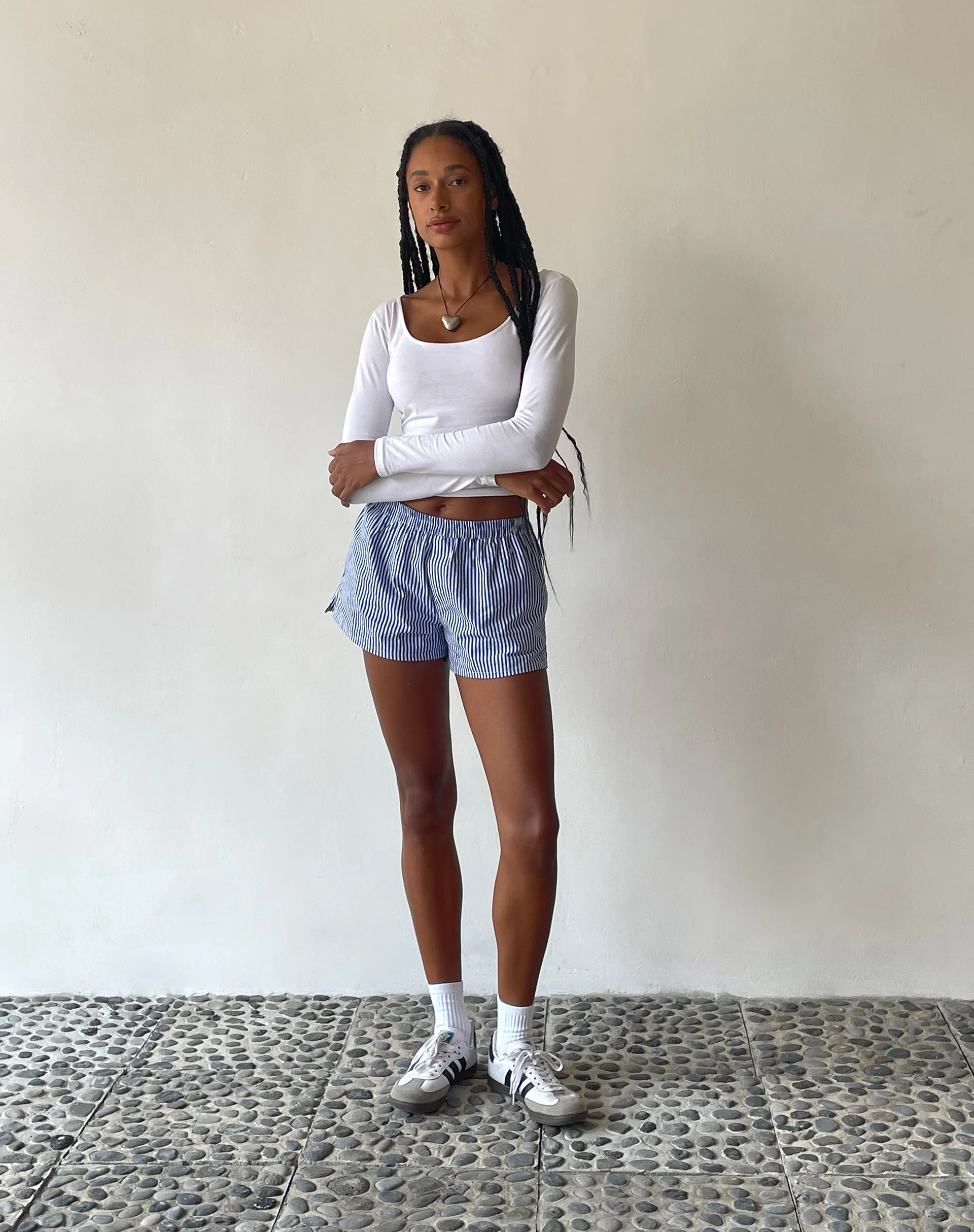 MOTEL X JACQUIE Laboxe Brief Shorts in Poplin Blue Pinstripe - Image 3