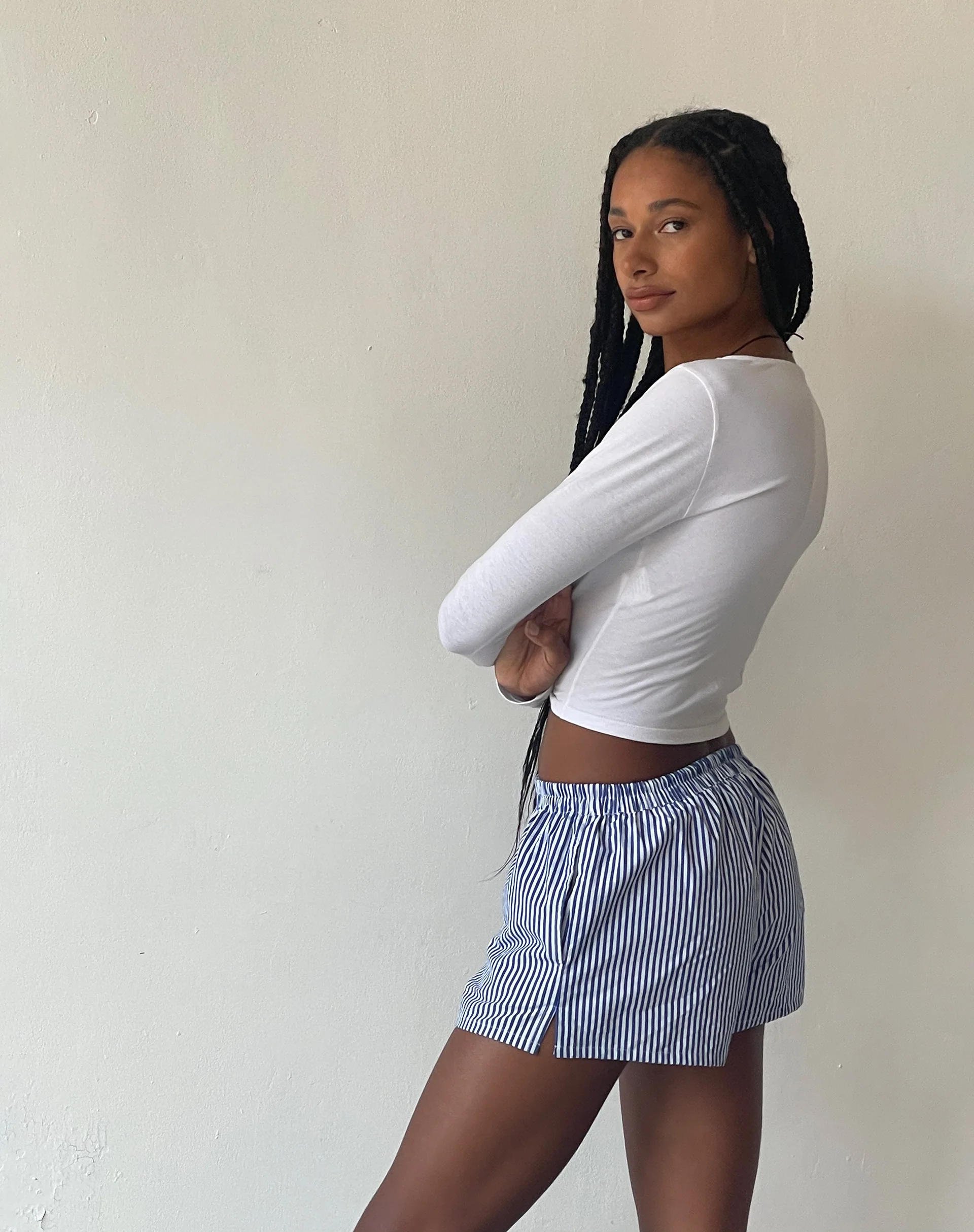 MOTEL X JACQUIE Laboxe Brief Shorts in Poplin Blue Pinstripe - Image 5