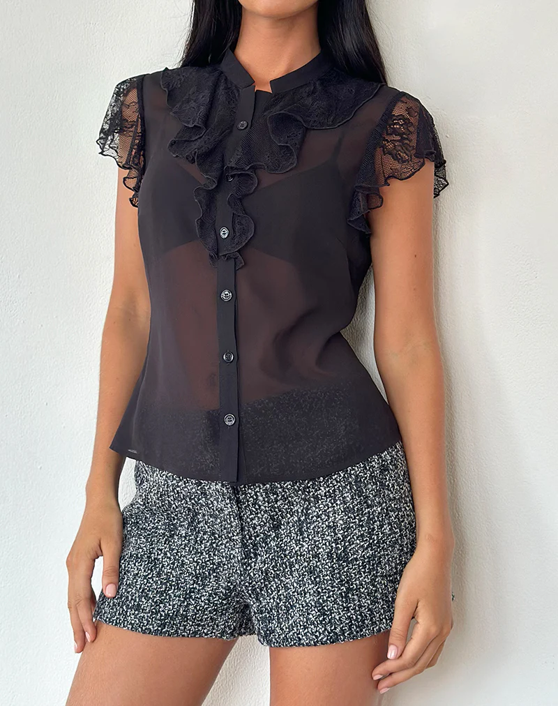 Lada Blouse in Black Chiffon with Lace Trim - Image 2