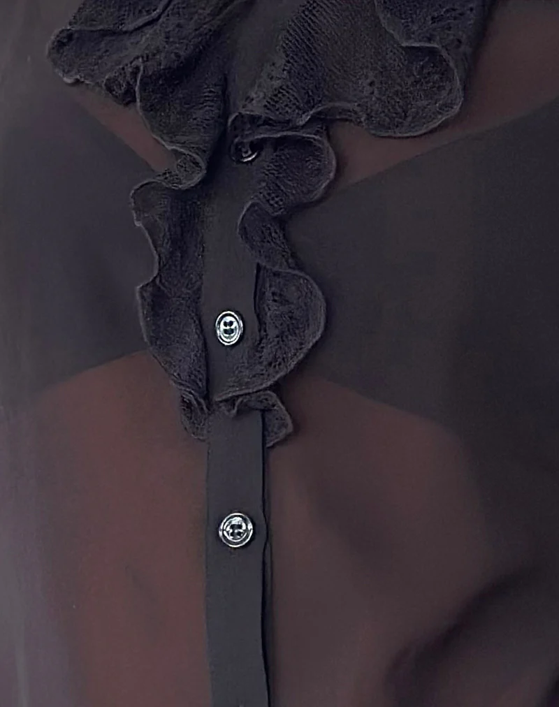 Lada Blouse in Black Chiffon with Lace Trim - Image 6
