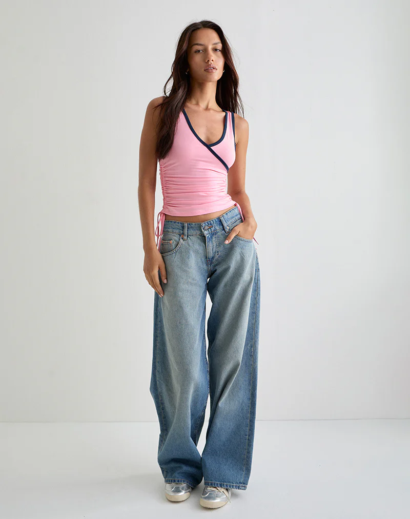 Laird Wrap Top in Ballet Pink with Navy Binding - Image 4