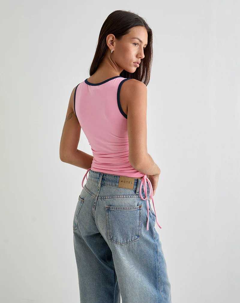 Laird Wrap Top in Ballet Pink with Navy Binding - Image 5