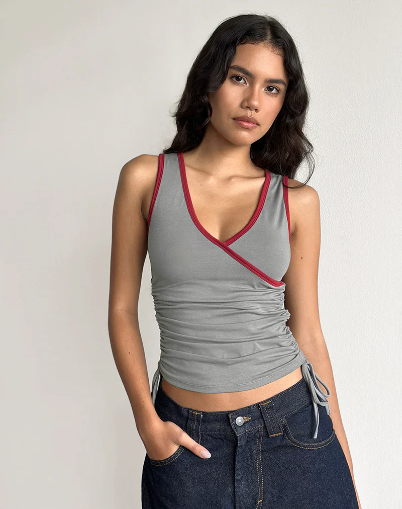 Laird Wrap Top in Grey with Adrenaline Red Binding - Image 2