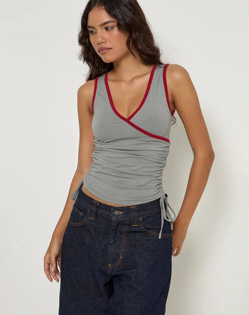 Laird Wrap Top in Grey with Adrenaline Red Binding - Image 6