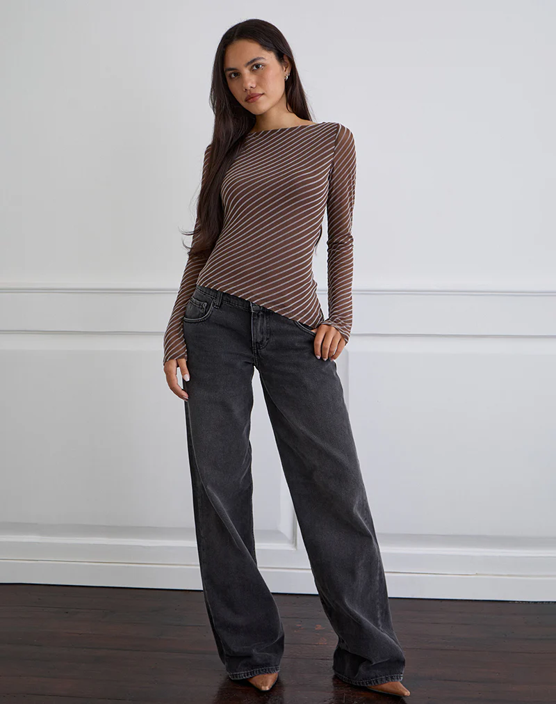 Lakya Long Sleeve Top in Diagonal Stripe Flocked Brown and Cream - Image 2