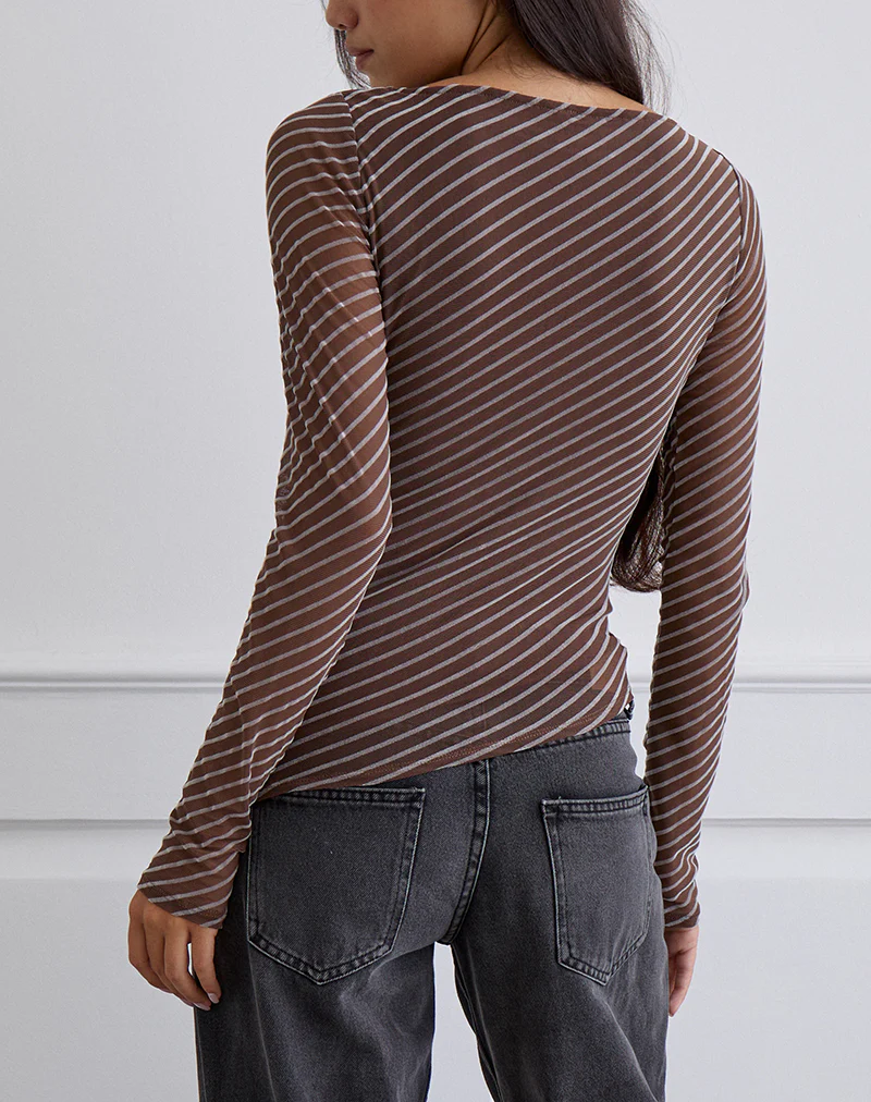 Lakya Long Sleeve Top in Diagonal Stripe Flocked Brown and Cream - Image 4