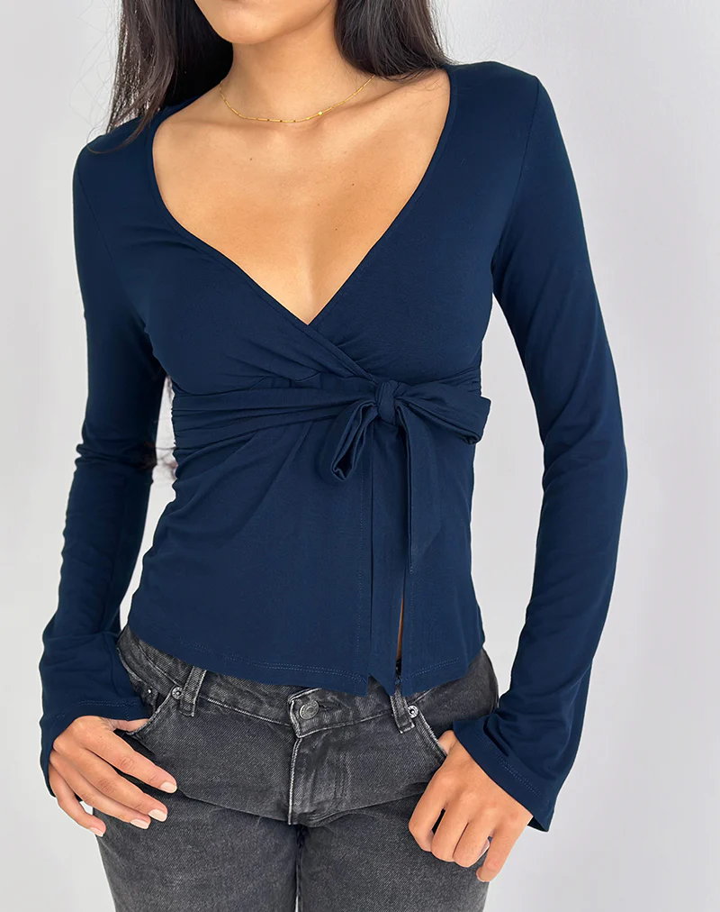 Lamae Wrap Top in Navy - Image 2