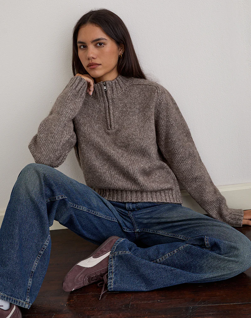 Lamara Quater Zip Jumper in Dark Brown Marl