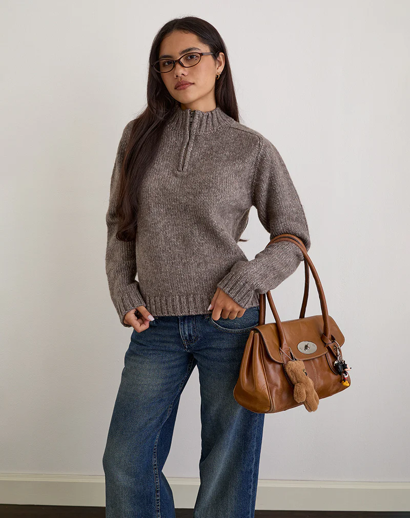 Lamara Quater Zip Jumper in Dark Brown Marl - Image 2