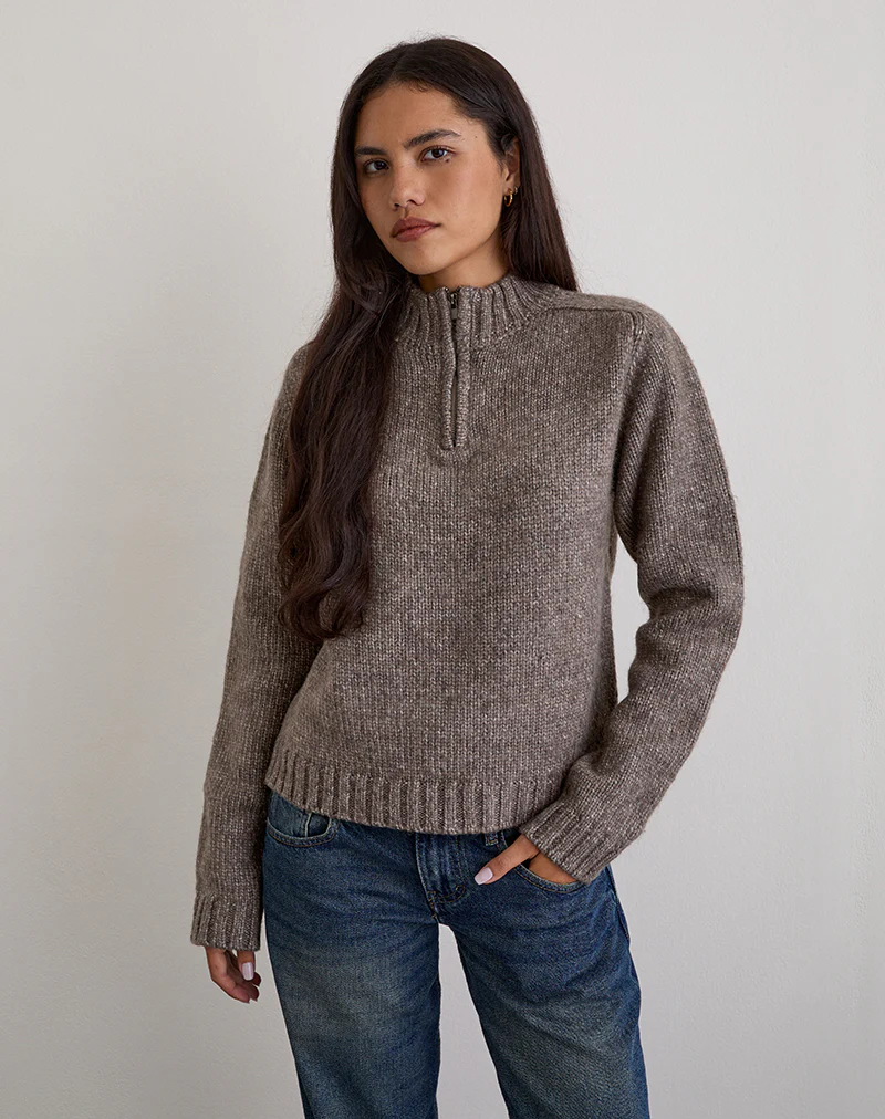 Lamara Quater Zip Jumper in Dark Brown Marl - Image 3