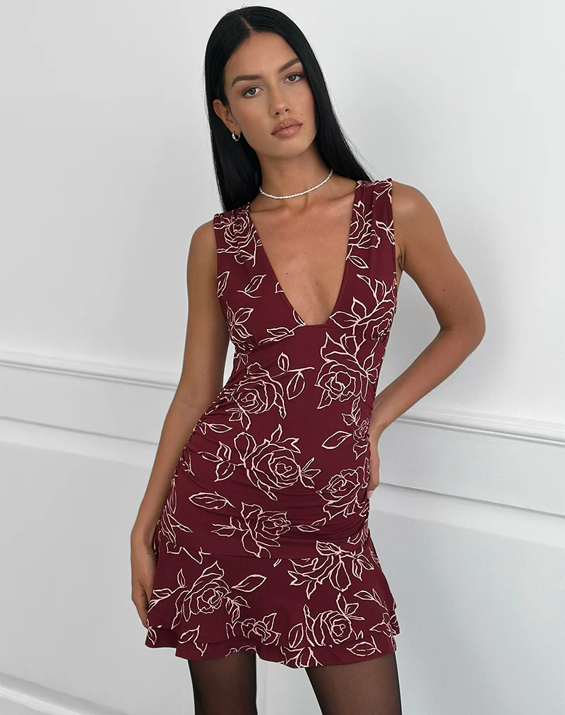 Lanai Mini Dress in Outline Rose Maroon - Image 2