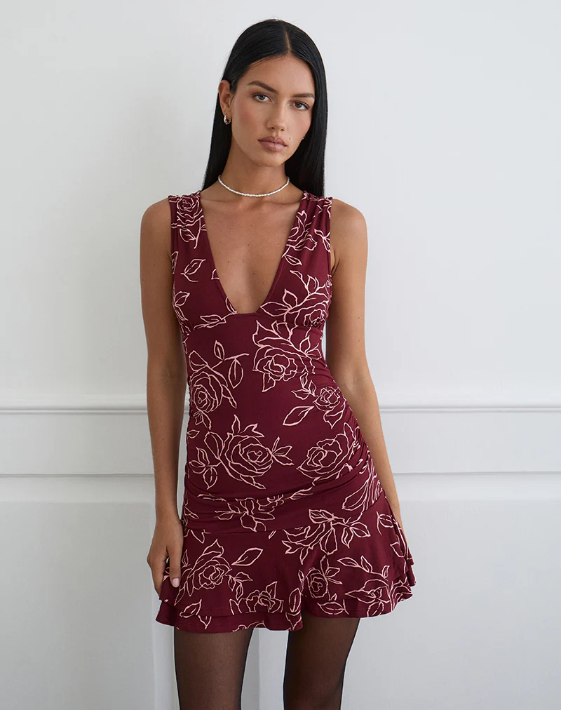 Lanai Mini Dress in Outline Rose Maroon - Image 5