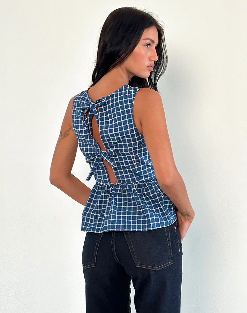 Lanzo Tie Back Top in Poplin Navy Tartan - Image 5