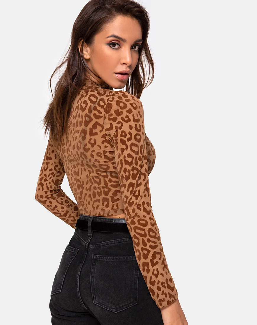 Lara Crop Top in Animal Flock Tan Brown - Image 2