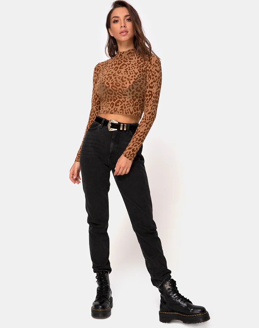 Lara Crop Top in Animal Flock Tan Brown - Image 3