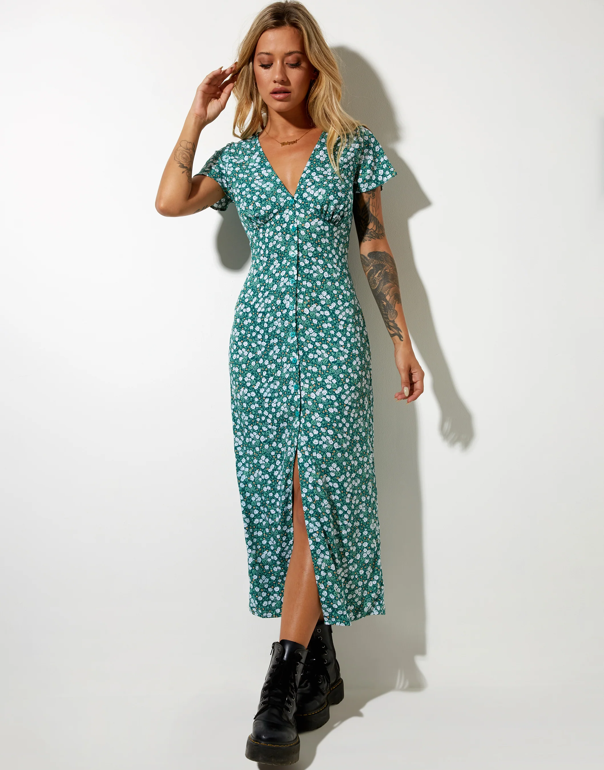 Larin Midi Dress in Floral Field Green - Image 4