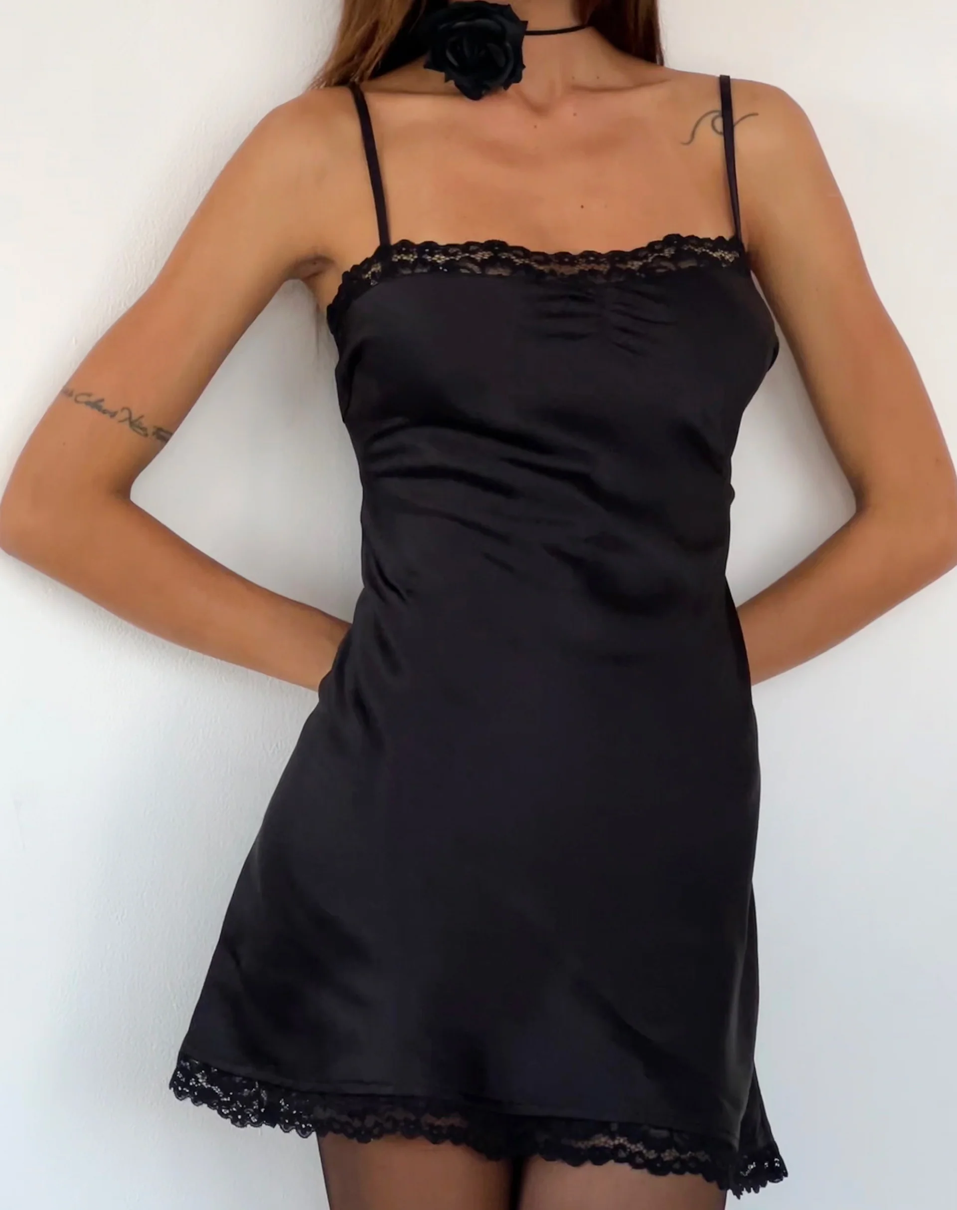 Larna Lace Trim Satin Mini Dress in Black - Image 2