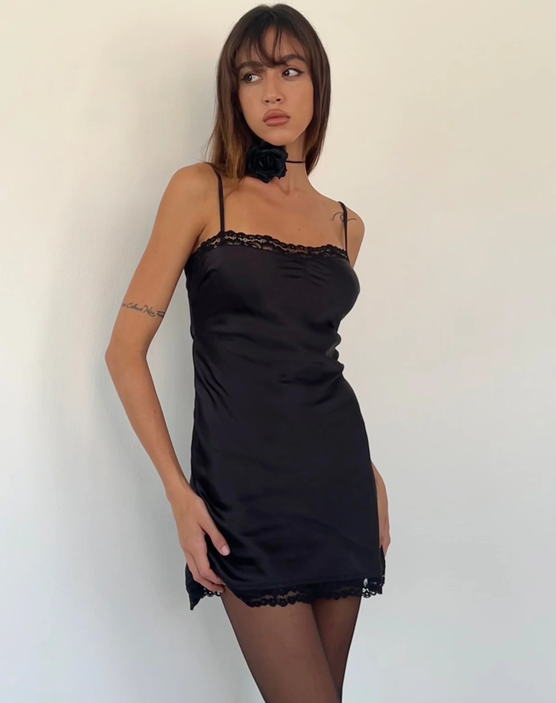 Larna Lace Trim Satin Mini Dress in Black - Image 3