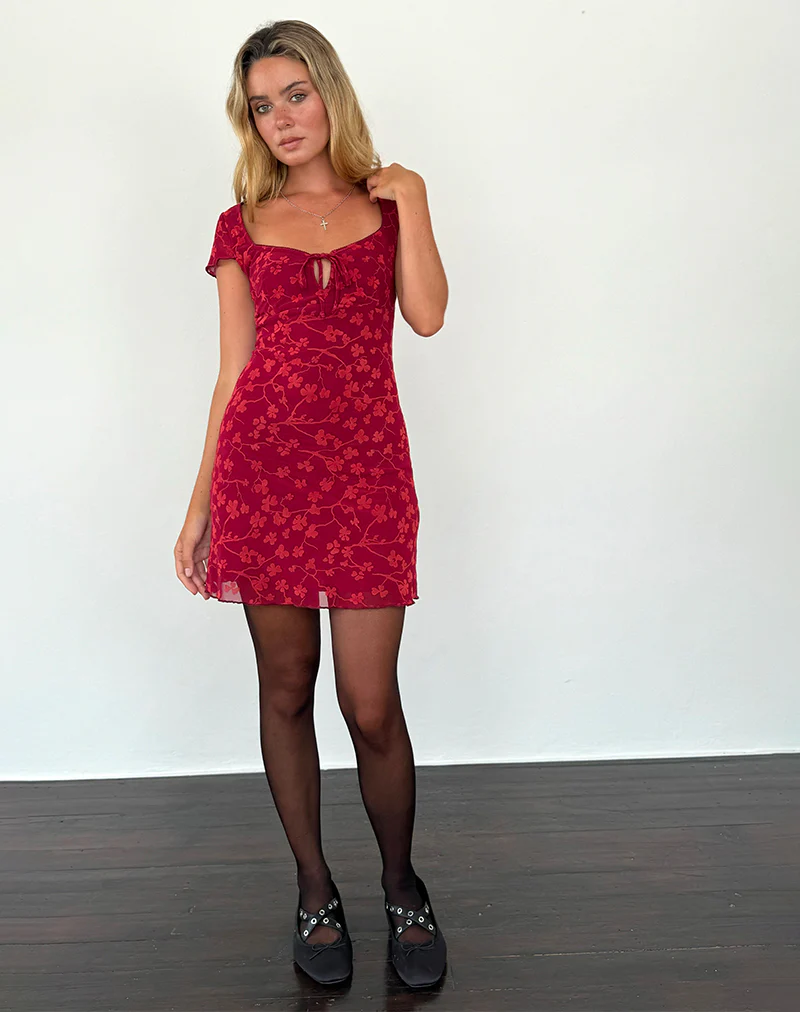 Lashka Mini Dress in Red Grunge Floral Flock - Image 4