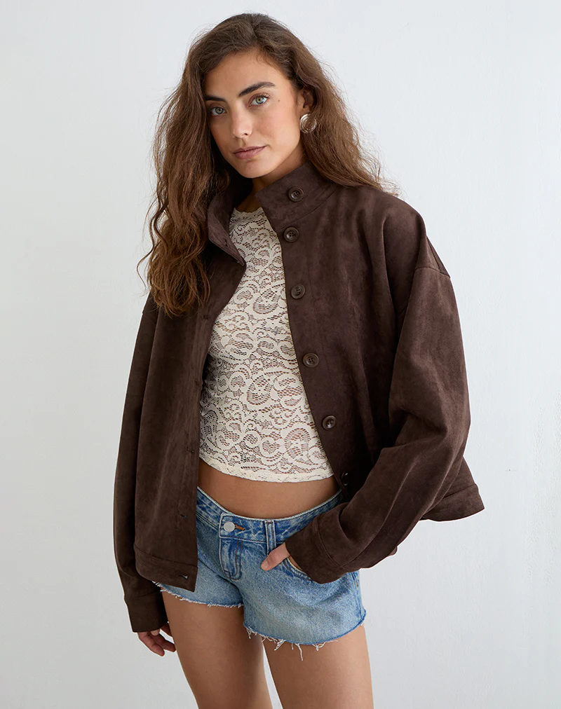 Lastika Jacket in Faux Suede Dark Brown - Image 4