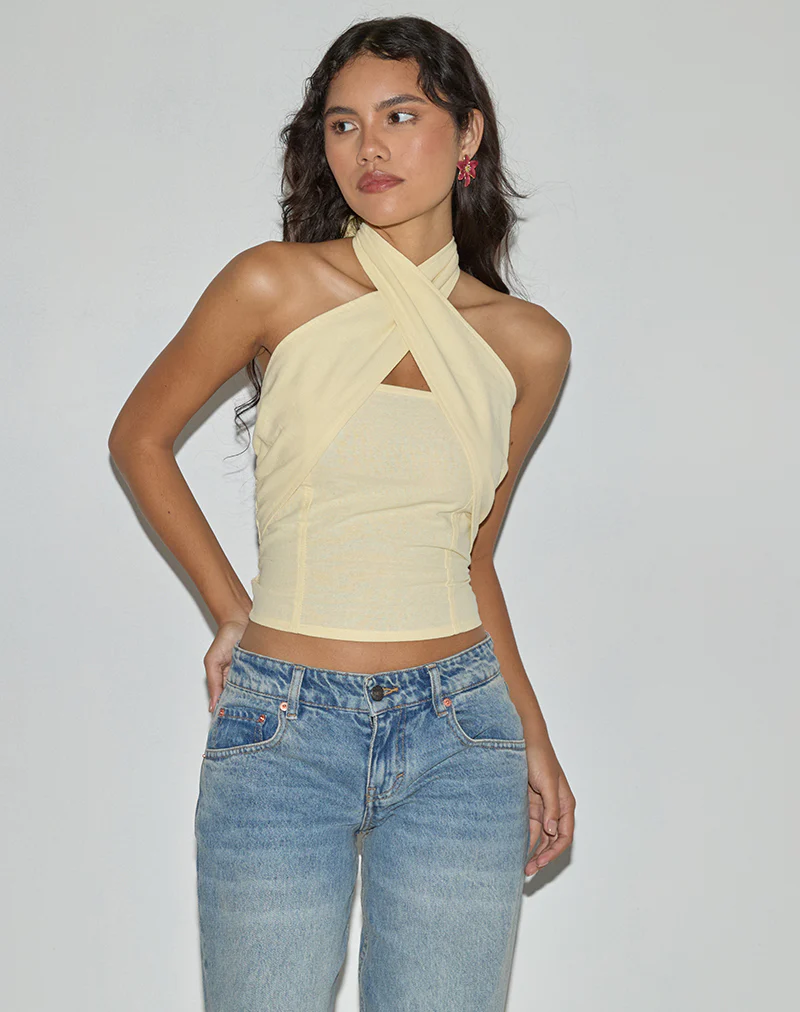 Lasy Linen Wrap Halterneck Top in Lemon - Image 3