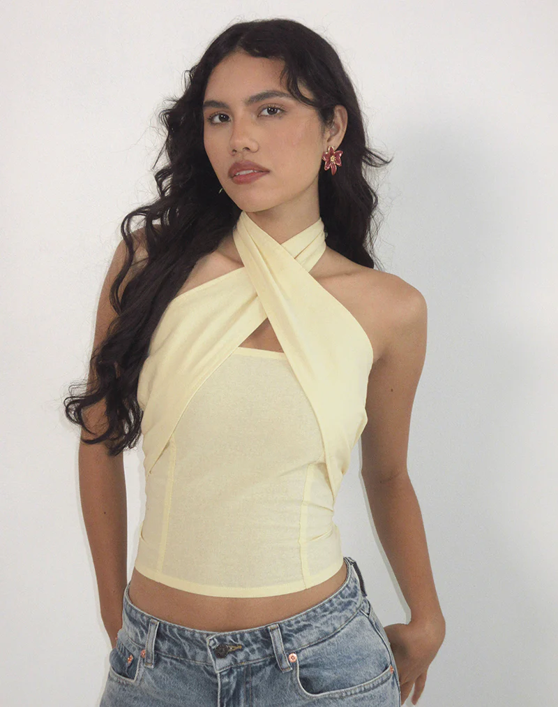Lasy Linen Wrap Halterneck Top in Lemon - Image 4
