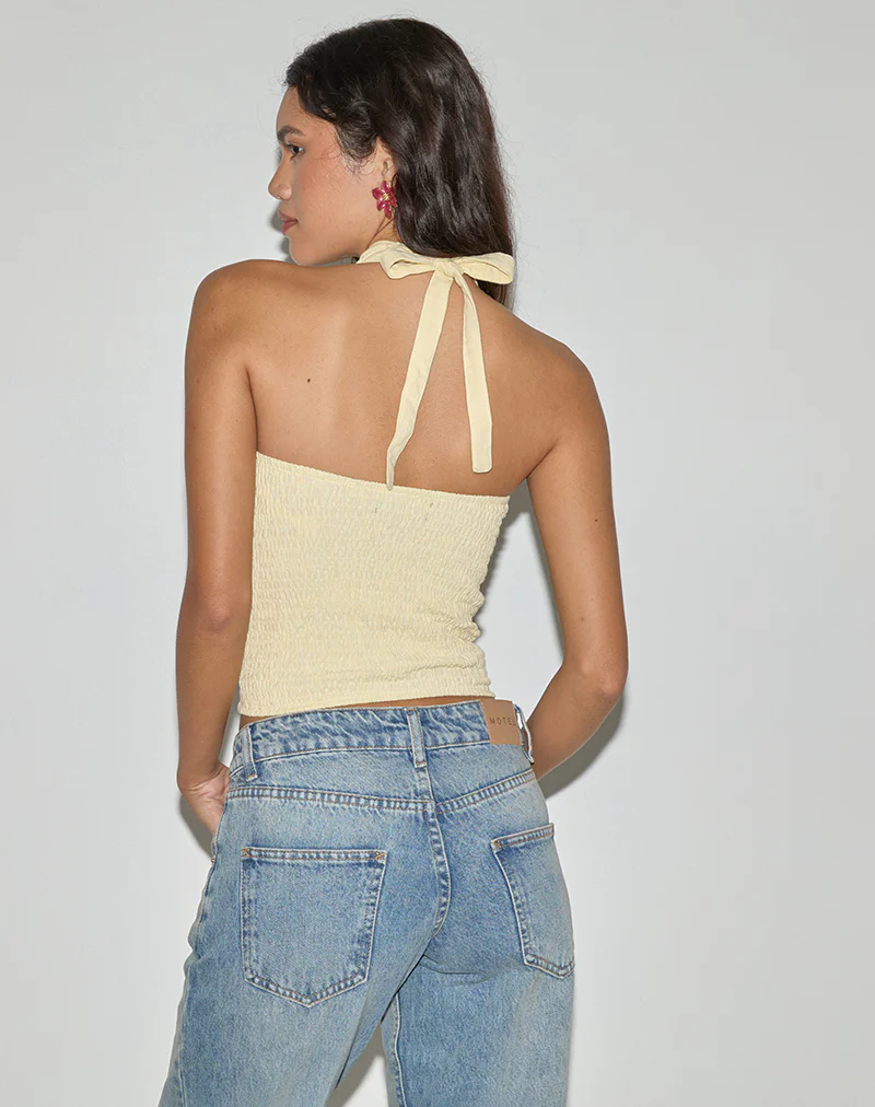 Lasy Linen Wrap Halterneck Top in Lemon - Image 5