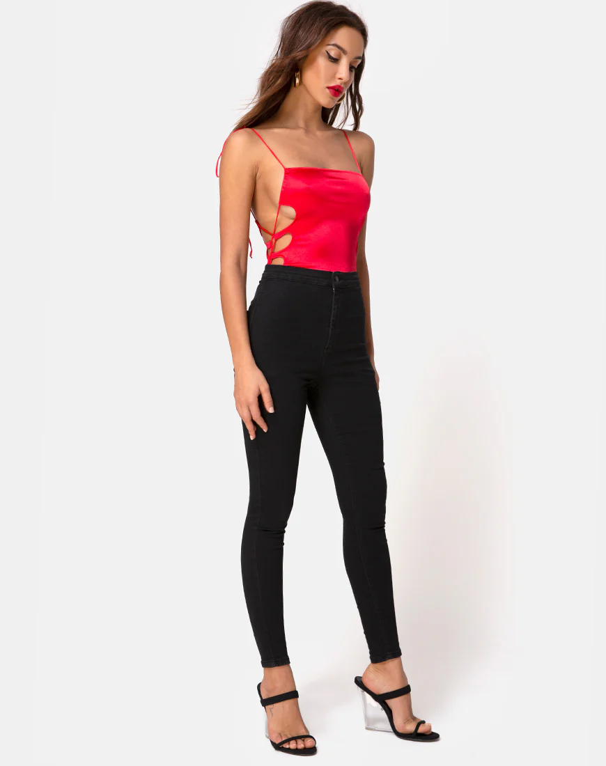 Lati Laced Up Bodice in Satin Red - Image 3