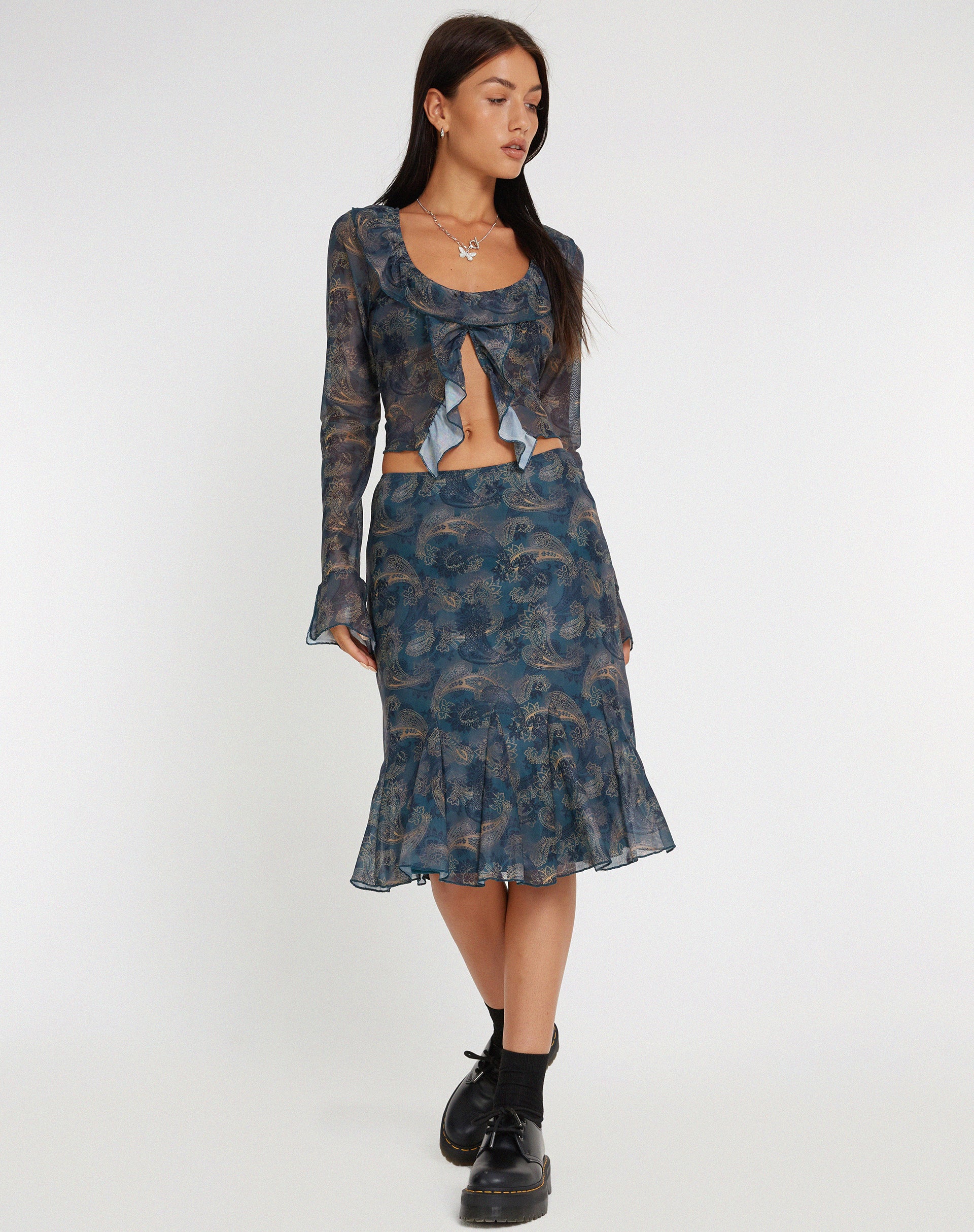 Latrix Mesh Midi Skirt in Tonal Blue Paisley - Image 4