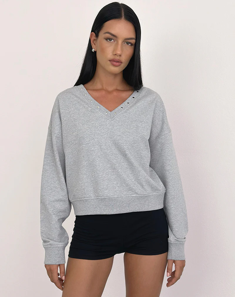 Lazuly Slim Sweatshirt in Grey Marl with Studs - Image 4