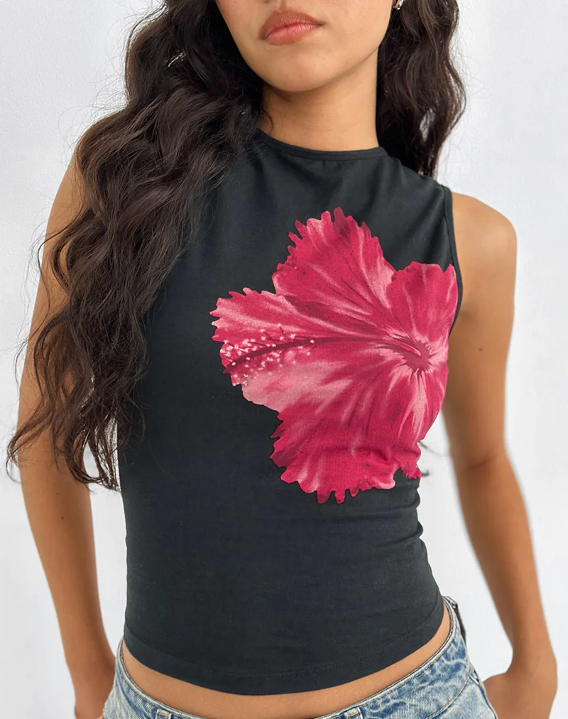 Leen Top in Black Hibiscus Flower Pink - Image 2
