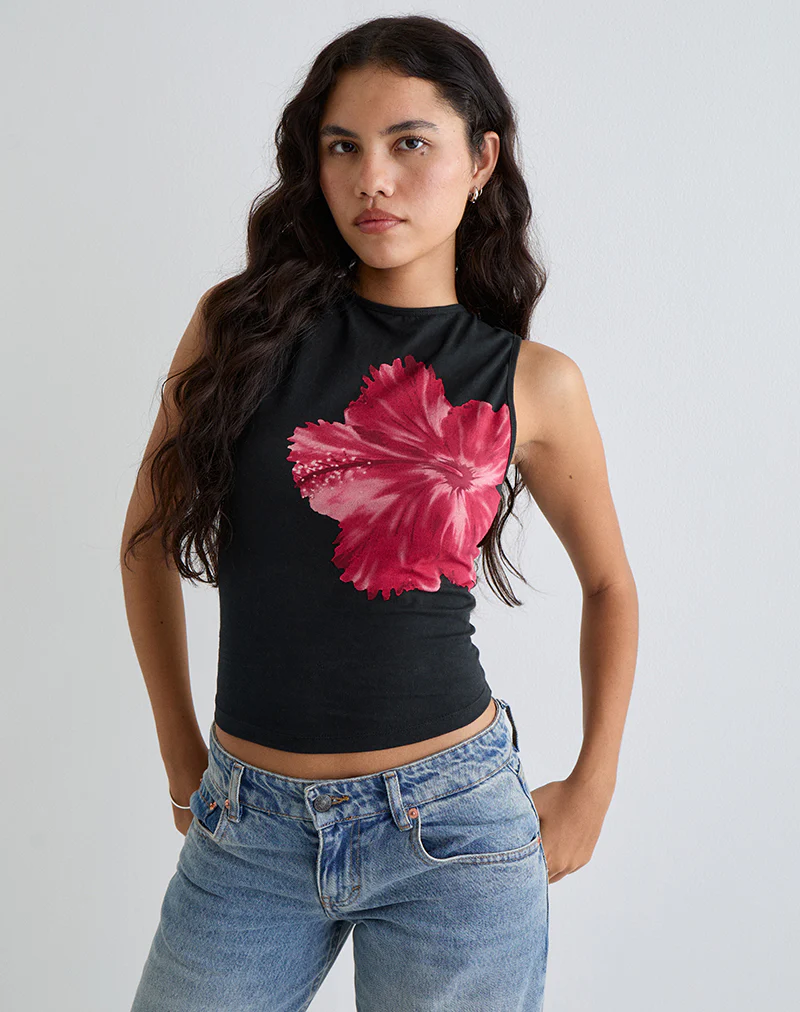Leen Top in Black Hibiscus Flower Pink - Image 4