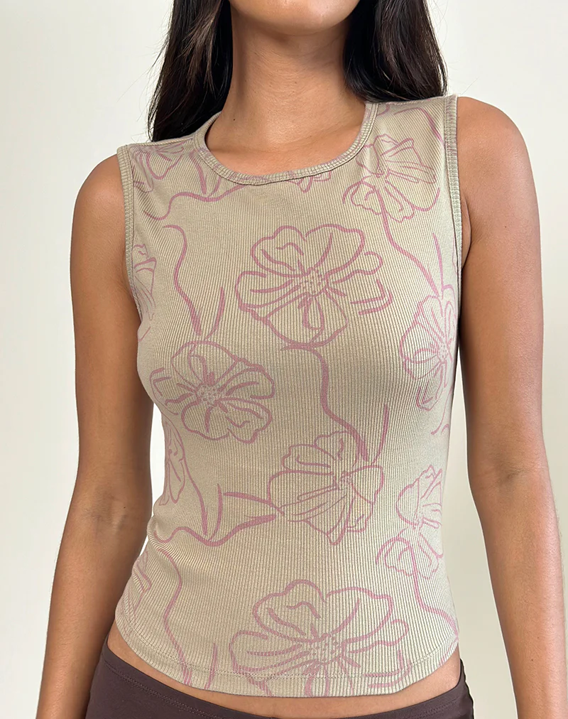 Leen Tank Top in Khaki Hibiscus Doodle Pink - Image 2