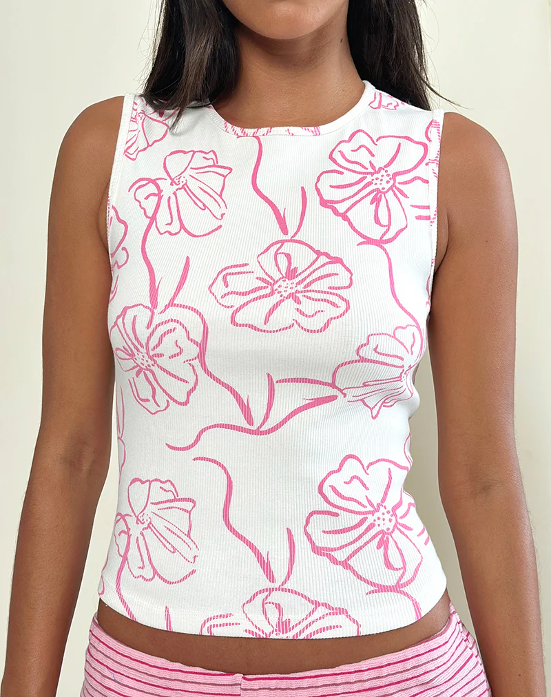 Leen Tank Top in White with Pink Hibiscus Doodle Print - Image 3