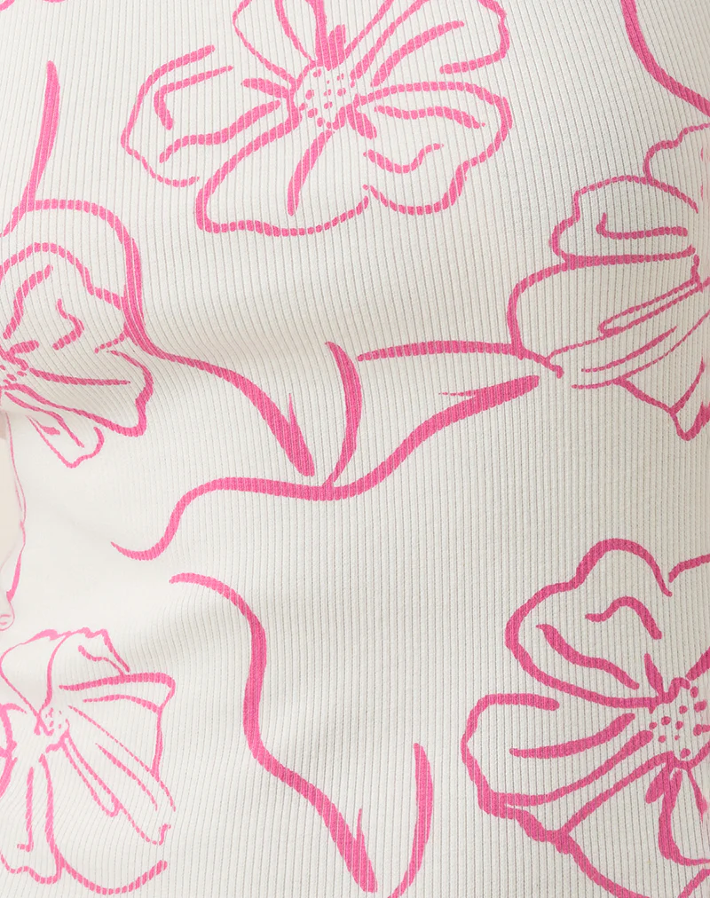 Leen Tank Top in White with Pink Hibiscus Doodle Print - Image 6