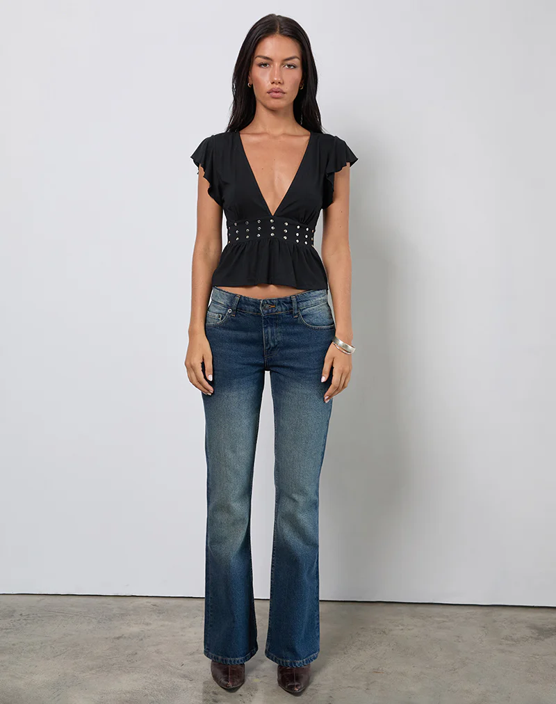 Leisma Frill Top in Jersey Black with Studs - Image 2