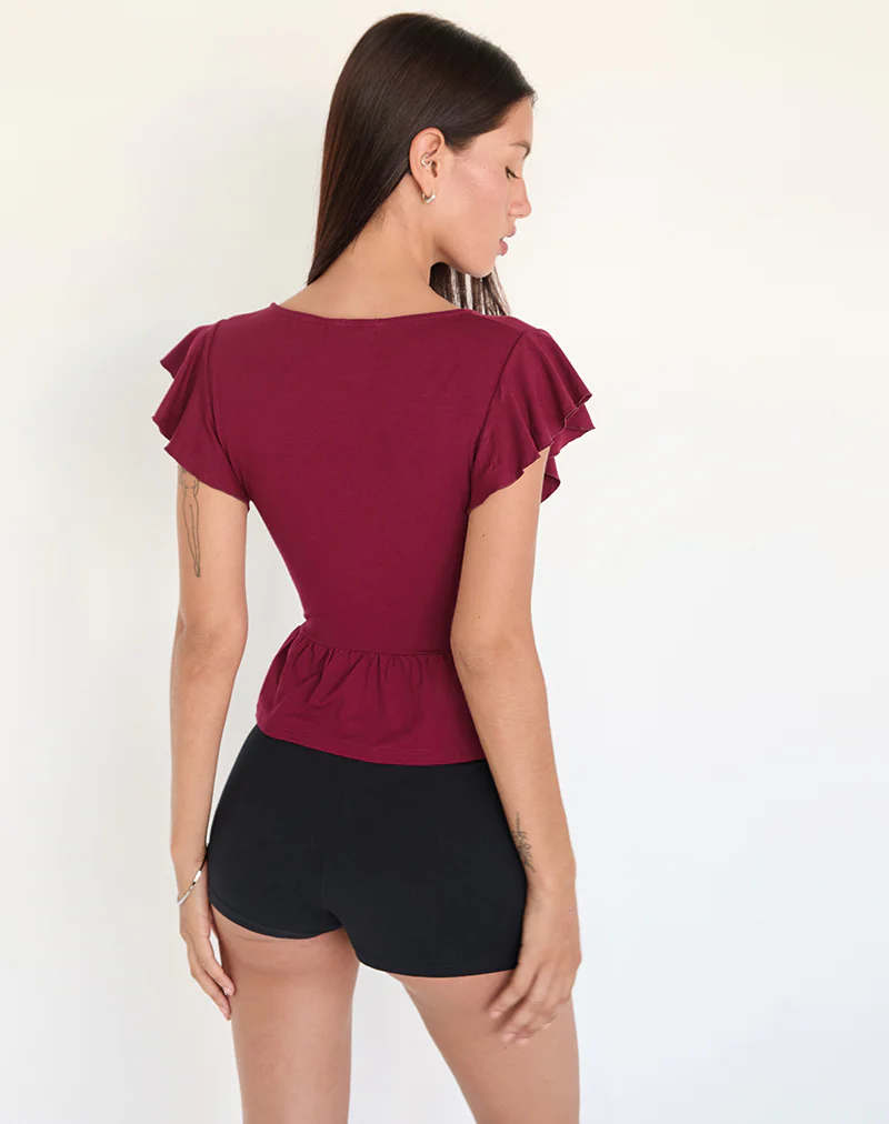 Leisma Frill Top in Jersey Burgundy with Studs - Image 4