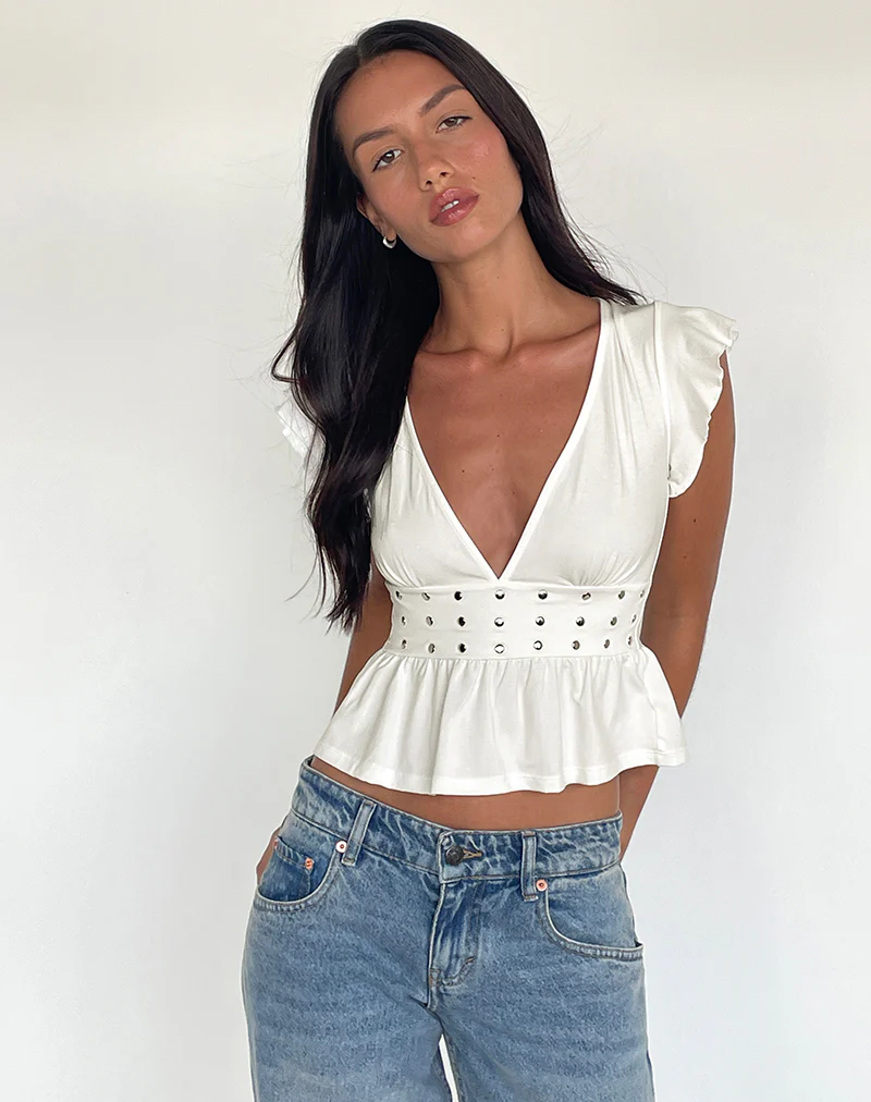 Leisma Frill Top in Jersey White with Studs - Image 2