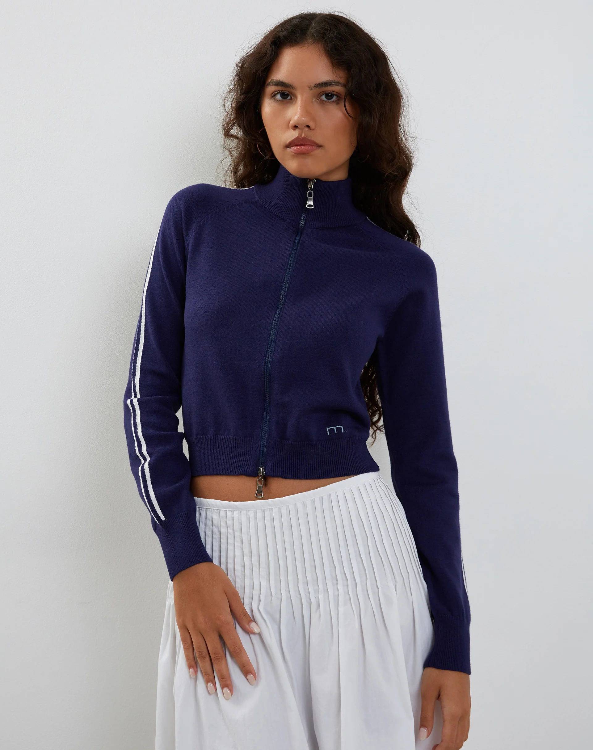 Lennon Knitted Jacket in Navy with White Stripe - Image 3